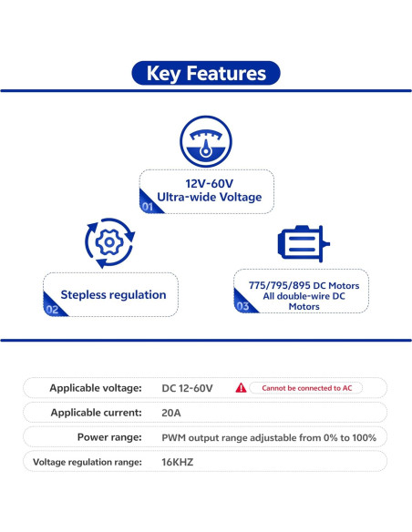 Controlador de Velocidad PWM Matell DC 12-60V 20A Adelante/Reversa