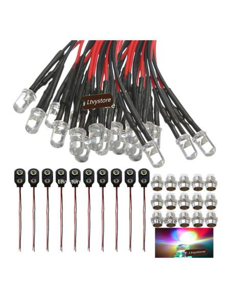 30 Piezas LED 5MM 12V Pre Cableadas Multicolor + Soportes + Clips