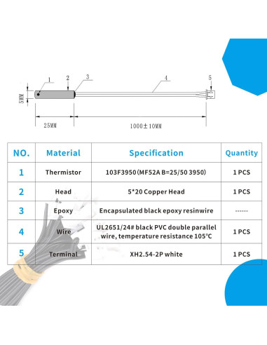 Termistor NTC 10K KOKISO Sensor de Temperatura 1m Acero Inoxidable