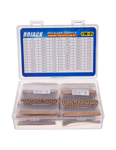 Kit de Resistencias BOJACK 1000 Pcs 25 Valores 1 Ohm-1M Ohm 1/2W