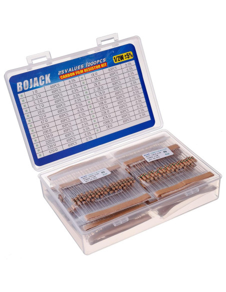 Kit de Resistencias BOJACK 1000 Pcs 25 Valores 1 Ohm-1M Ohm 1/2W