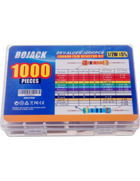 Kit de Resistencias BOJACK 1000 Pcs 25 Valores 1 Ohm-1M Ohm 1/2W