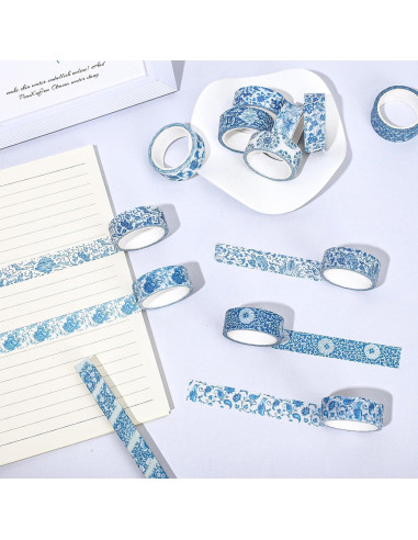 Cinta Washi Floral Azul Whaline - 12 Rollos 1.5cm x 5m