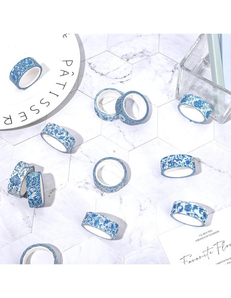 Cinta Washi Floral Azul Whaline - 12 Rollos 1.5cm x 5m