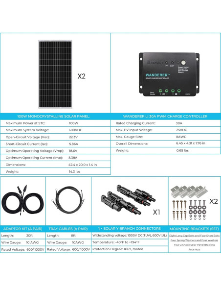 Kit Solar Renogy 200W Monocristalino 12V con Controlador 30A