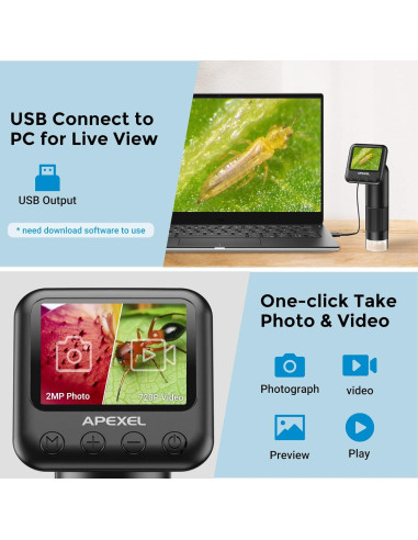 Microscopio Digital APEXEL 800X con Pantalla LCD 2" y LED