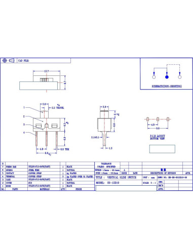Interruptor Deslizante 1P2T 20 Pcs 5mm WOWOONE AC 250V 2A