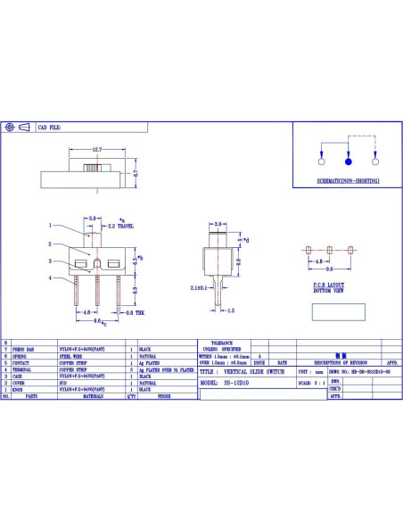 Interruptor Deslizante 1P2T 20 Pcs 5mm WOWOONE AC 250V 2A