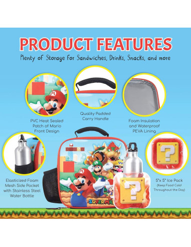 Set Almuerzo Super Mario AI - Caja, Botella y Hielo 4 Pzs