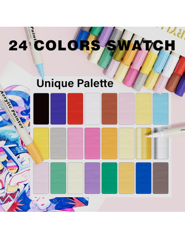 24 Marcadores Acrílicos GenuisArt Doble Punta Multicolor 0.5mm