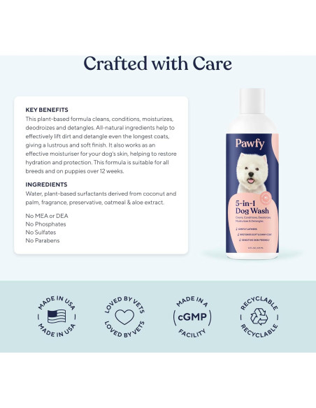 Champú y Acondicionador Pawfy para Perros 5 en 1 - Piel Sensible