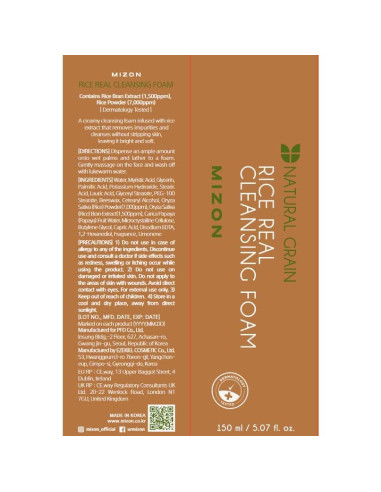 Espuma Limpiadora MIZON Real de Arroz 150ml - Hidratante y Suavizante