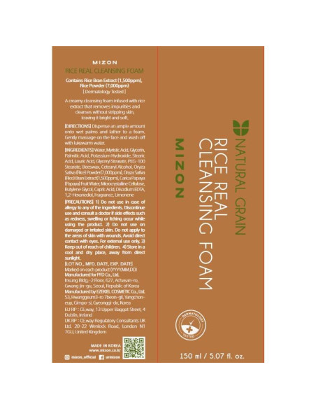 Espuma Limpiadora MIZON Real de Arroz 150ml - Hidratante y Suavizante