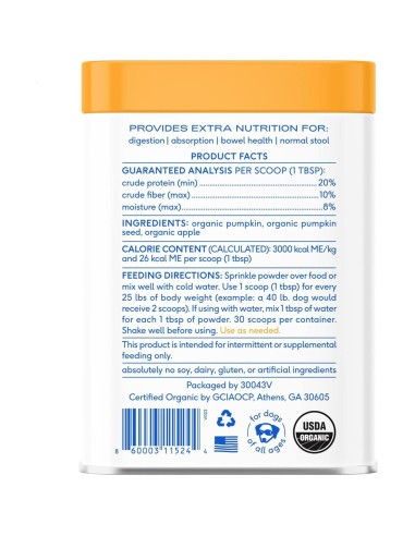 Complemento Digestivo en Polvo para Perros Native Pet - 30 Porciones de Calabaza Orgánica