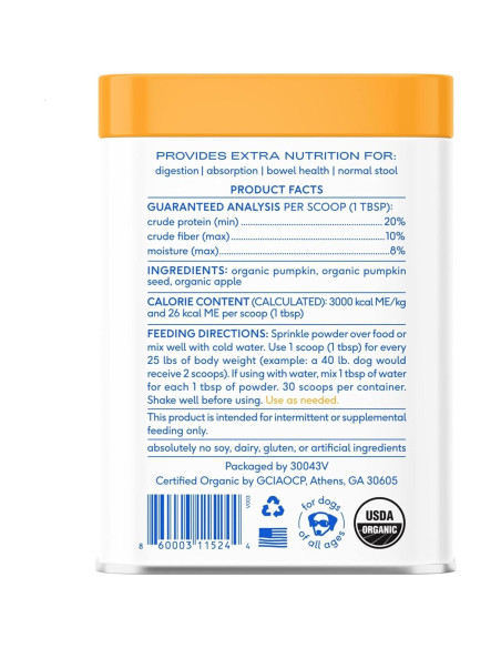 Complemento Digestivo en Polvo para Perros Native Pet - 30 Porciones de Calabaza Orgánica