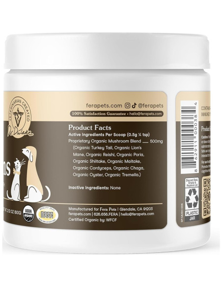 Suplemento de Champiñones Orgánicos Fera Pet 120 Cucharadas