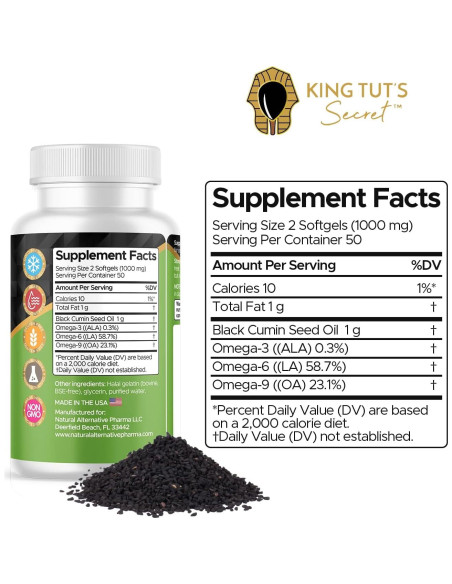 Cápsulas de Semilla Negra KING TUT'S SECRET 500 mg 100 Unidades