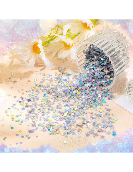 Confeti Holográfico Estrella y Luna 60g Skylety Plata