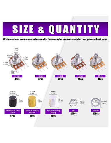 Kit 60PCS Potenciómetros Lineales Rotativos Swpeet B5K-B100K