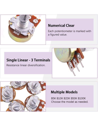 Kit 60PCS Potenciómetros Lineales Rotativos Swpeet B5K-B100K