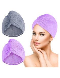 Toalla de Microfibra para Cabello Turbante 2 Pzs Púrpura y Gris