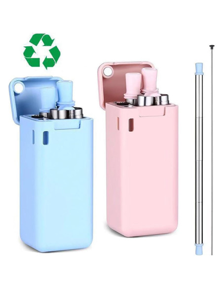 Popote Plegable Reutilizable WHNICUST Rosa con Caja y Cepillo