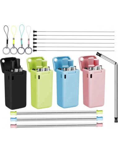 Popote Plegable Reutilizable WHNICUST Rosa con Caja y Cepillo