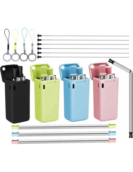 Popote Plegable Reutilizable WHNICUST Rosa con Caja y Cepillo