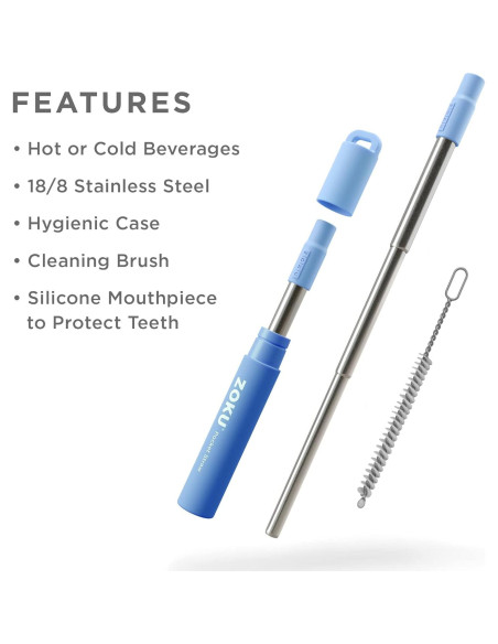 Popote Metálico Reutilizable ZOKU Azul Telescópico 10-23 cm