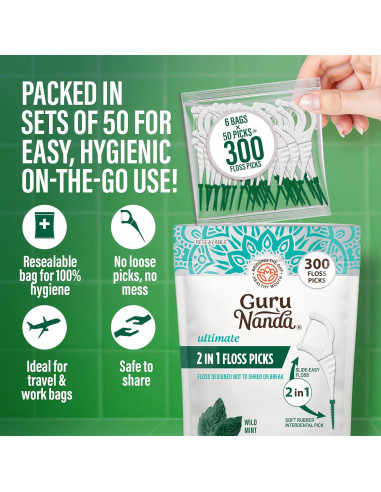 Palillos de Hilo Dental GuruNanda 2 en 1 - Sabor Menta, 300 Unidades