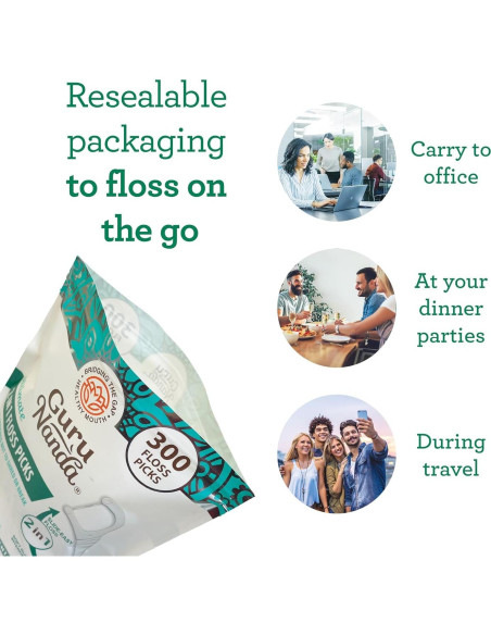 Palillos de Hilo Dental GuruNanda 2 en 1 - Sabor Menta, 300 Unidades