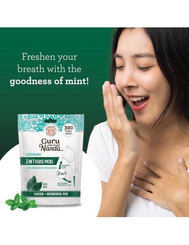 Palillos de Hilo Dental GuruNanda 2 en 1 - Sabor Menta, 300 Unidades
