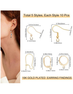 Beebeecraft Kit 50 Ganchos de Pendientes Oro 18K 5 Estilos 2