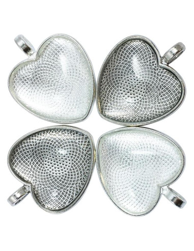 30 Piezas Bandejas Colgantes Corazón Plateadas 25mm con Vidrio