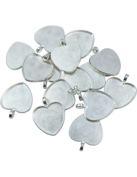 30 Piezas Bandejas Colgantes Corazón Plateadas 25mm con Vidrio