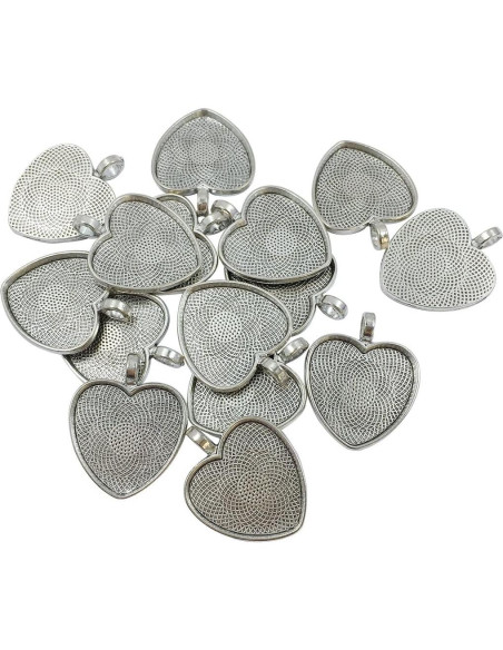 30 Piezas Bandejas Colgantes Corazón Plateadas 25mm con Vidrio
