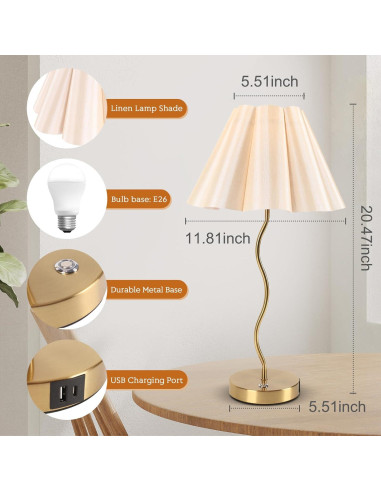 Lámpara de Mesa EIDEARAY con Regulador Táctil y USB 52cm