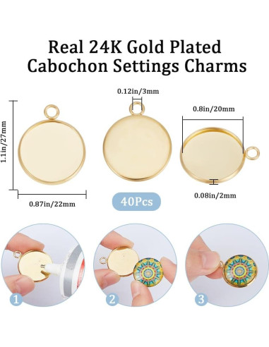 Beebeecraft 40Pcs Cabochón 20mm Acero Inoxidable Baño Oro 24K