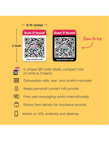 Etiquetas QR Personalizables SeQR para Artículos Perdidos - 6 Unidades