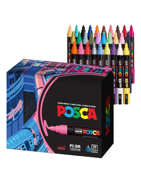 Set de 29 Marcadores de Pintura Posca PC-5M, Punta Media 1.8-2.5mm