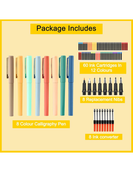 Juego de Caligrafía JiaoJiRen con 8 Plumas y 60 Cartuchos