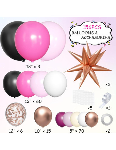 Kit de Arco de Globos Mebay 156 Pcs Rosa Fucsia Negro Blanco