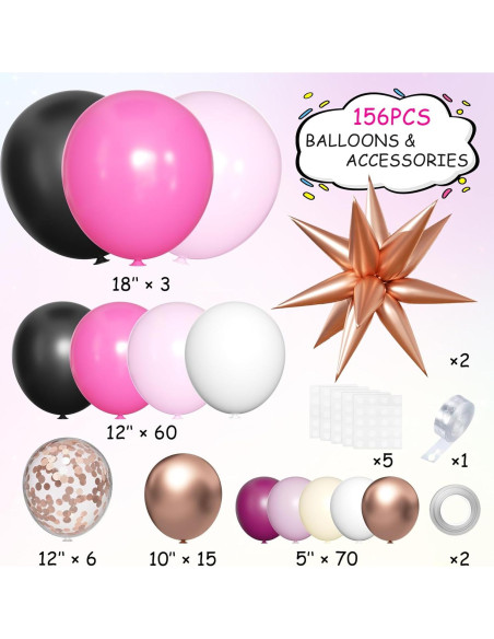 Kit de Arco de Globos Mebay 156 Pcs Rosa Fucsia Negro Blanco