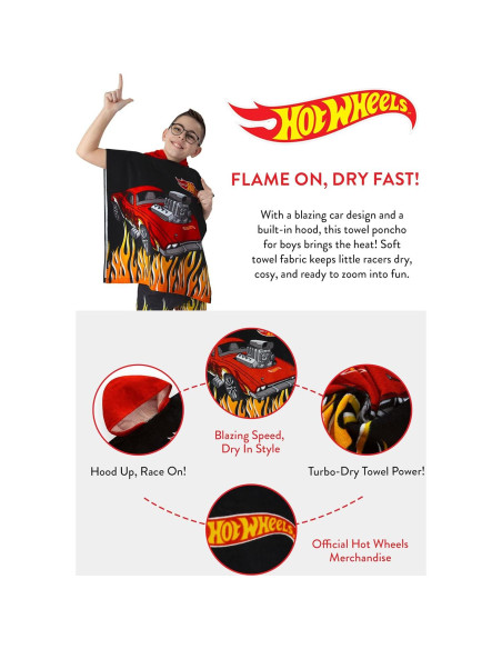 Poncho de Toalla Hot Wheels con Capucha para Niños - Negro