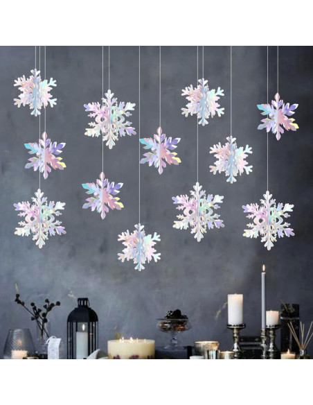 Guirnalda de Copos de Nieve Holográficos 12 Piezas 3D Hugtmr