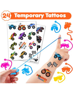 48PCS Fiesta Camiones Monstruo - 24 Tatuajes + 24 Manos Pegajosas 2