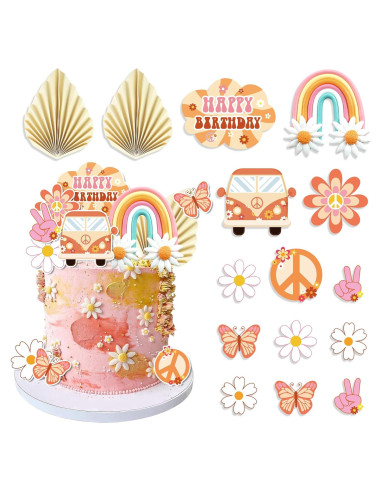 15 Adornos para Cupcakes Groovy DRWATE - Fiesta Hippie 60s