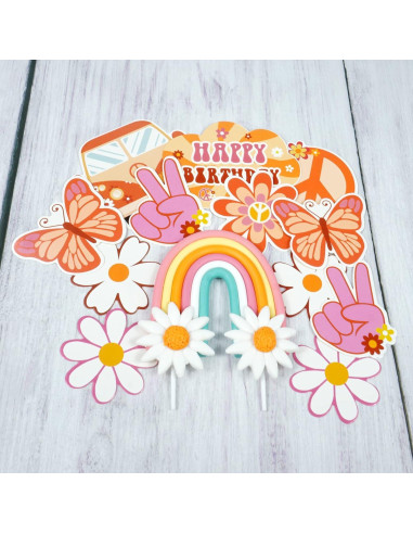 15 Adornos para Cupcakes Groovy DRWATE - Fiesta Hippie 60s