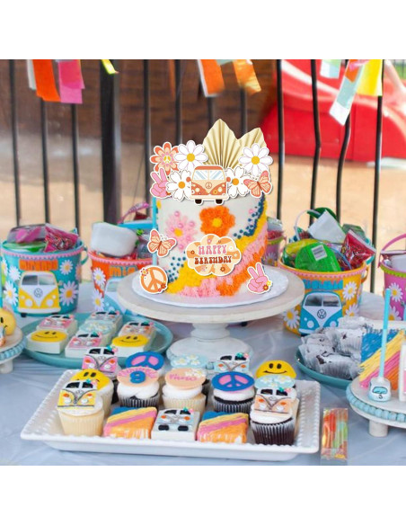 15 Adornos para Cupcakes Groovy DRWATE - Fiesta Hippie 60s