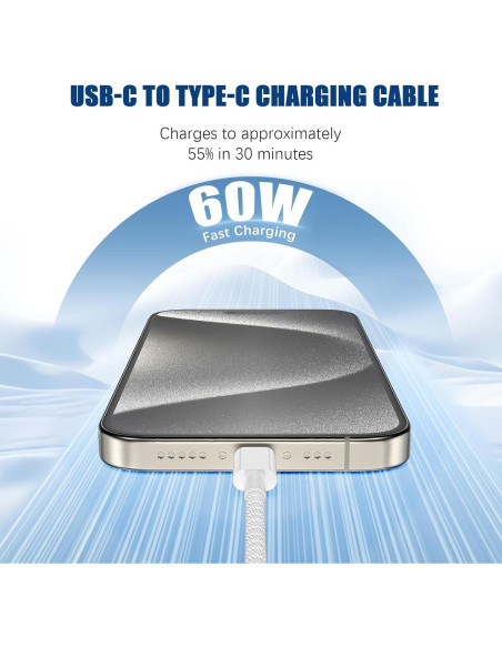 Cable USB C a C 3m QGRHO 60W Carga Rápida Blanco